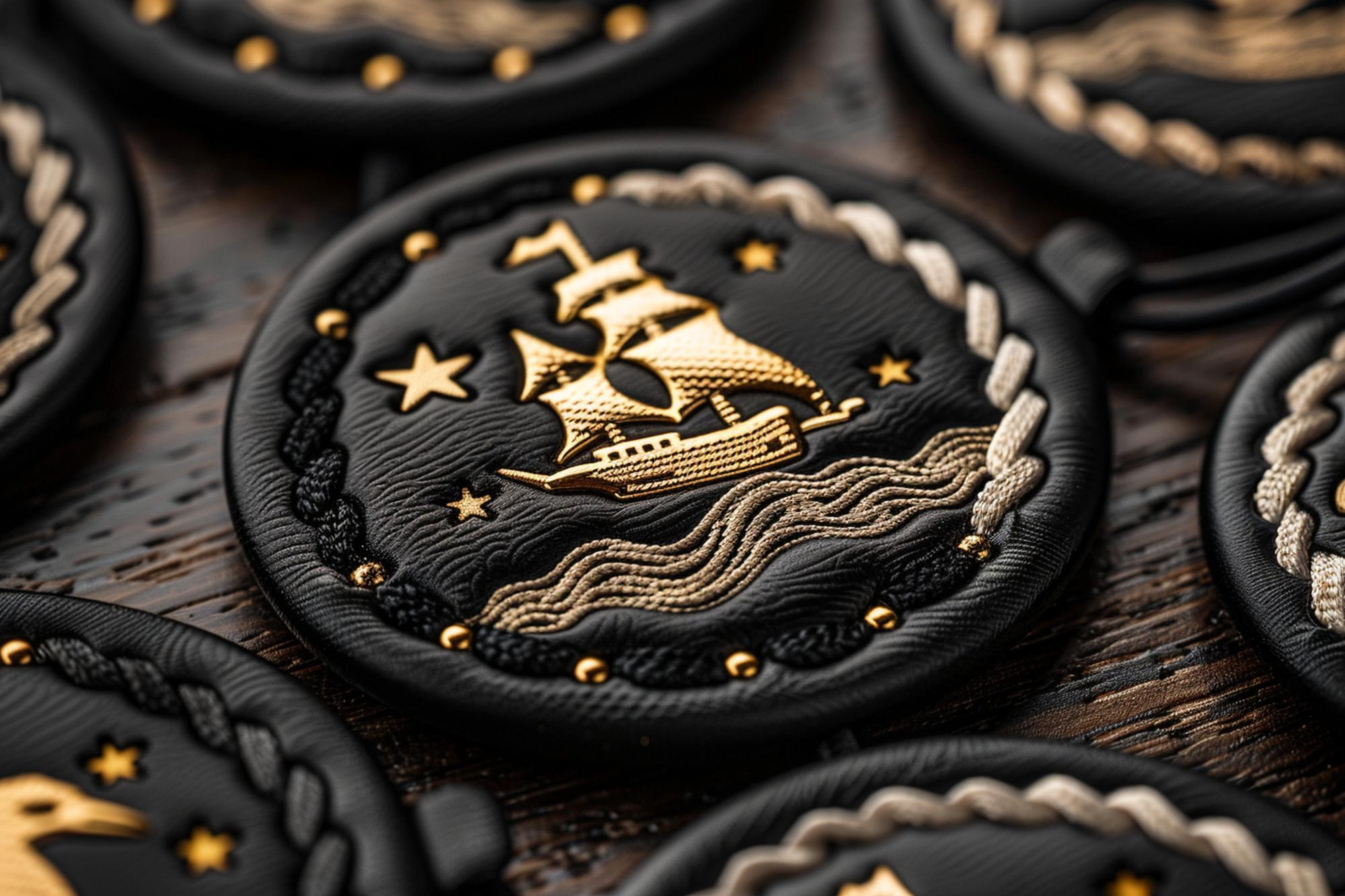 Close-up gold thread monogram on denim