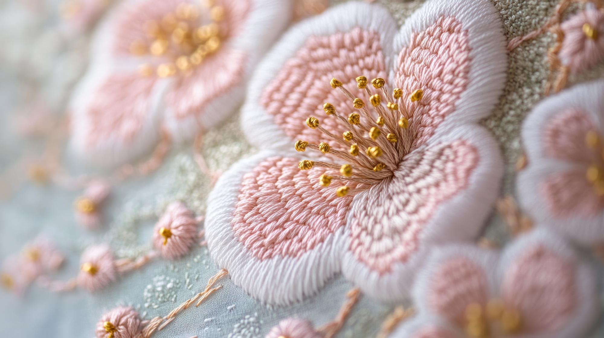 Close-up of pastel floral embroidery on linen